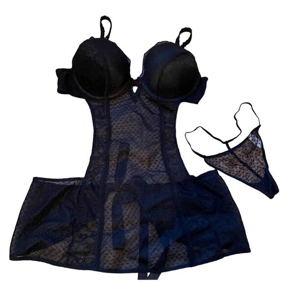 Sexy Black Bow Mesh Lace Outfit Medium - Picture 1 of 8